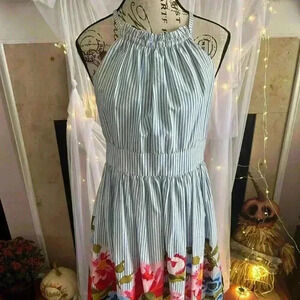 Vince Camuto cotton dress. Blue stripes and floral at bottom. Looks new.